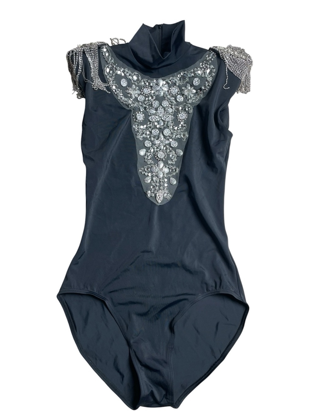 Black Embellished Women's Bodysuit with Crystal Front and Fringe Shoulders